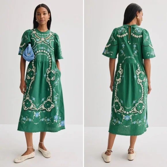 SEA New York Vesna Embroidered Midi Dress Green Floral Cotton Linen Size Small - Picture 15 of 16